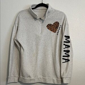 Gray Quarter-Zip Sweatshirt with Leopard Heart